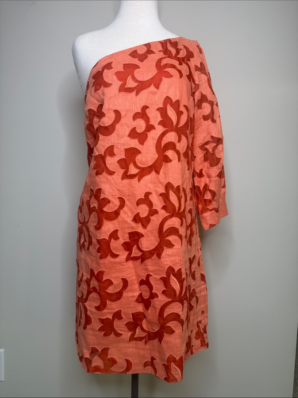 Nicole Miller One-Shoulder Coral and Rust Floral Dress